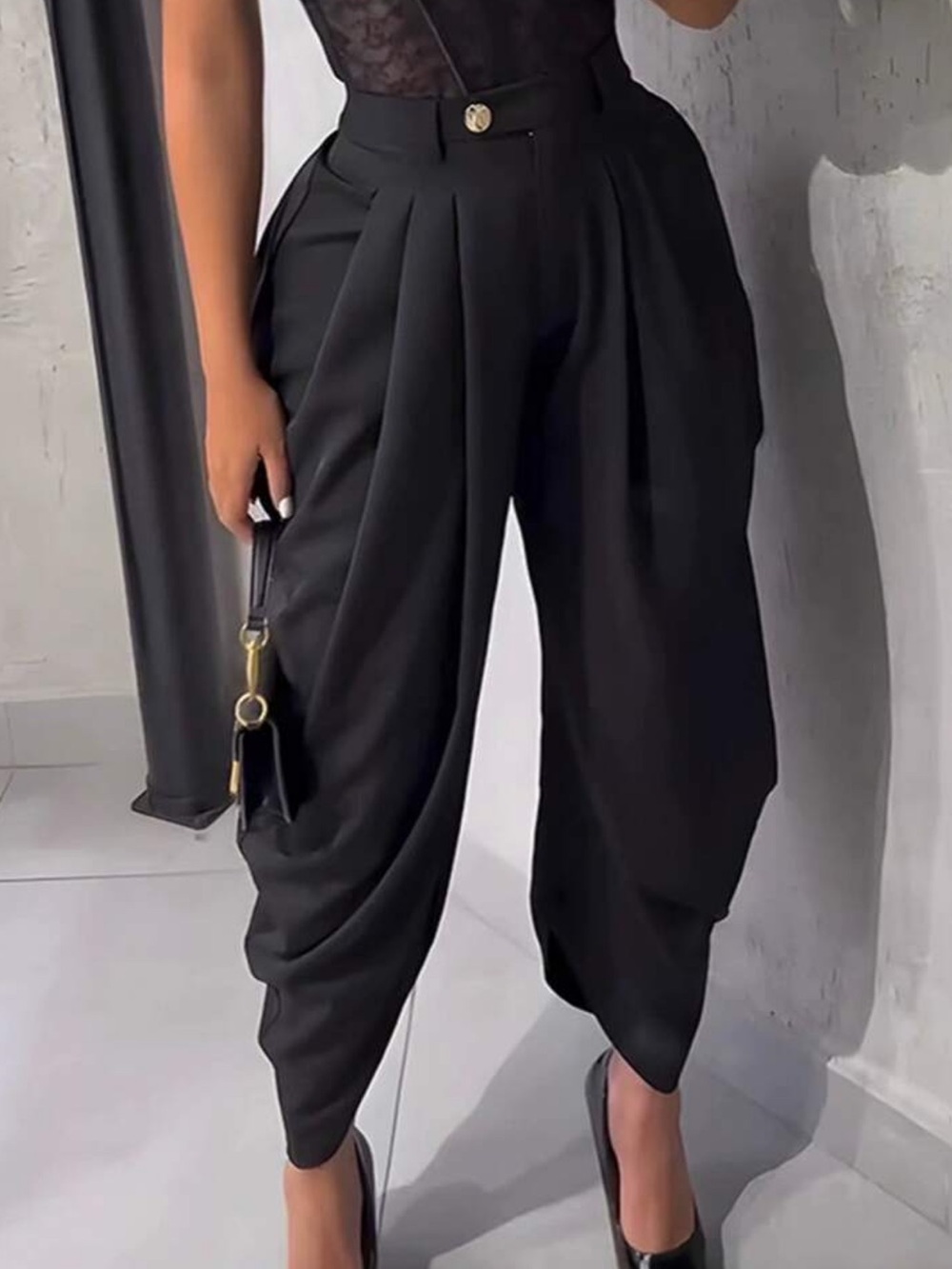 High-Waist Draped Black Pleated Pants